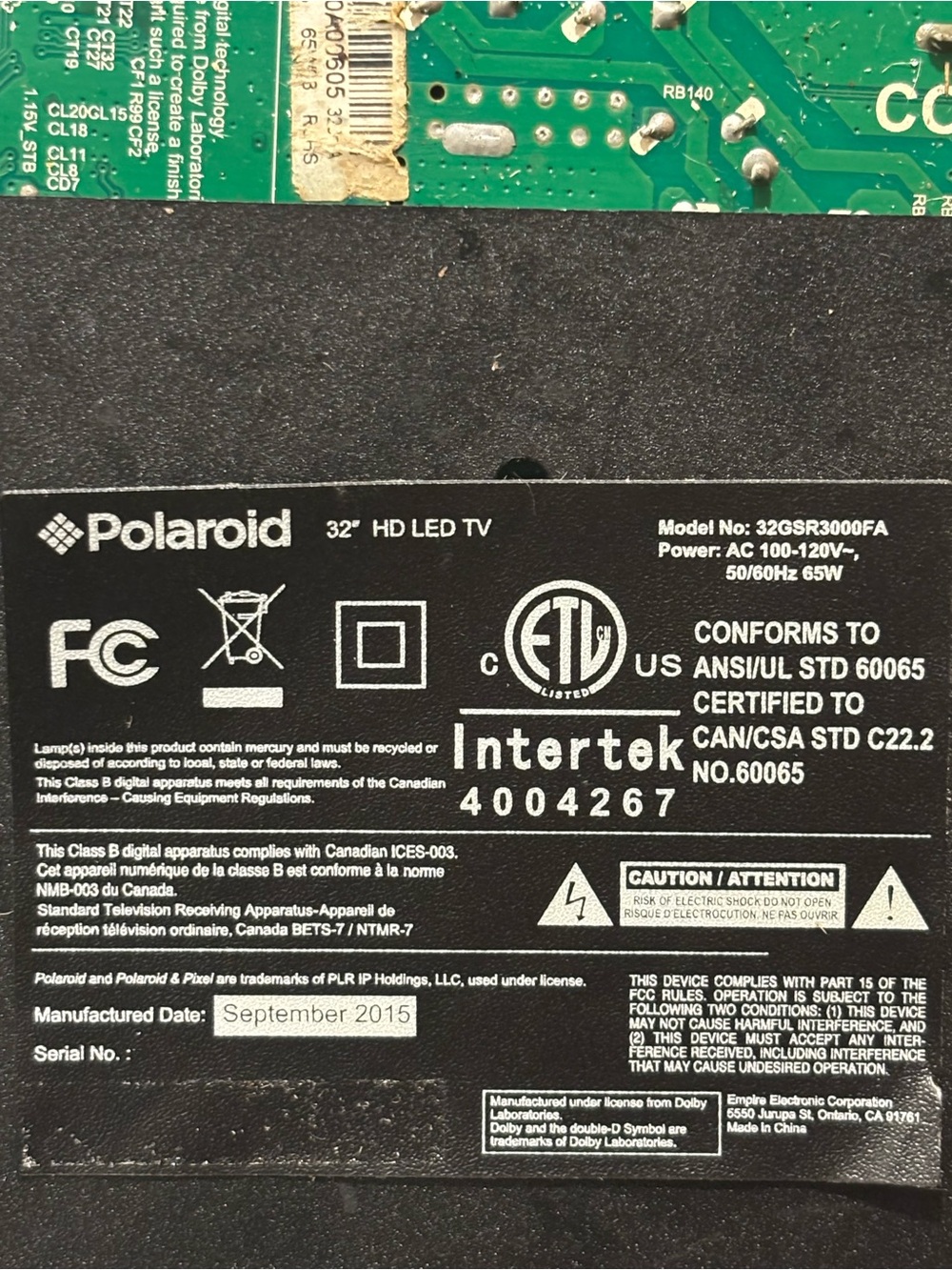 Polaroid Black TV Back Panel Label and PCB Close-Up